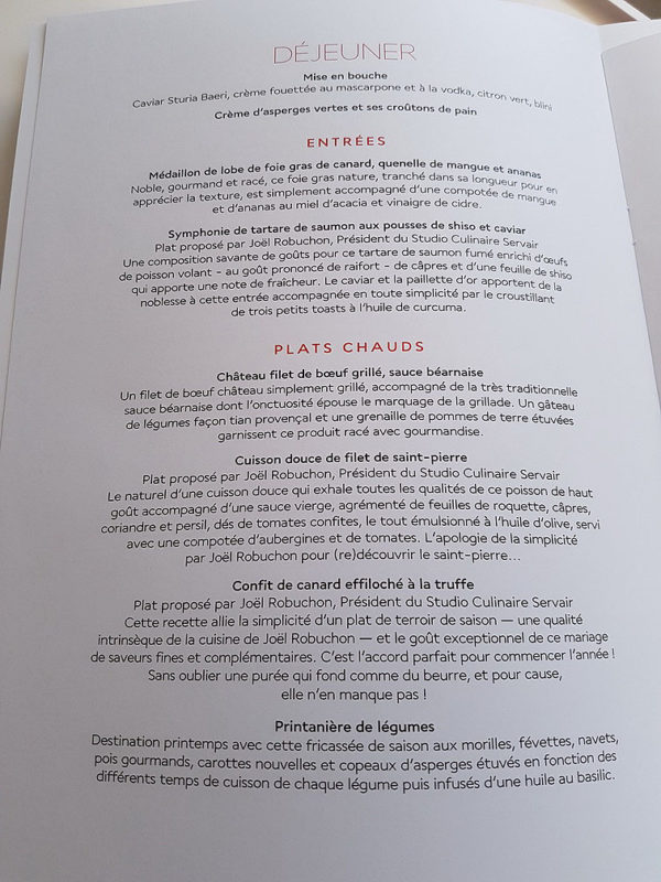 Air France La Premiere First Class Menu