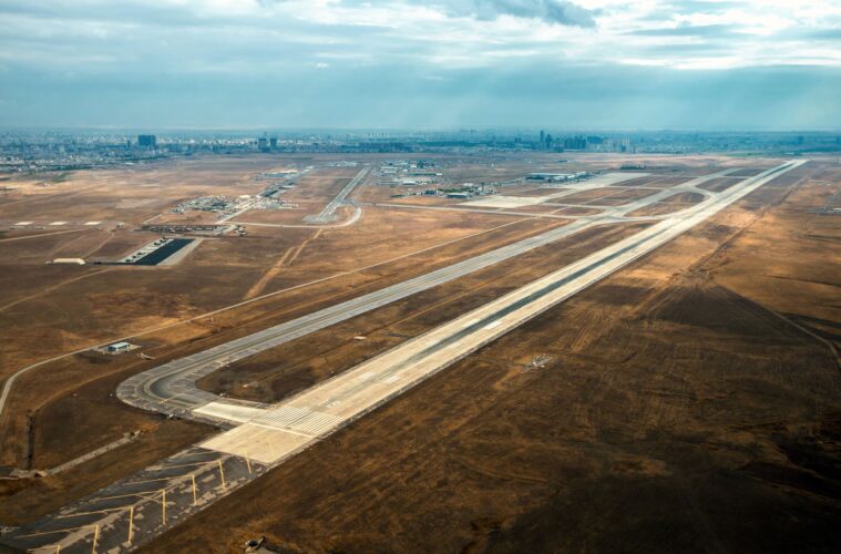 an aerial view of a runway