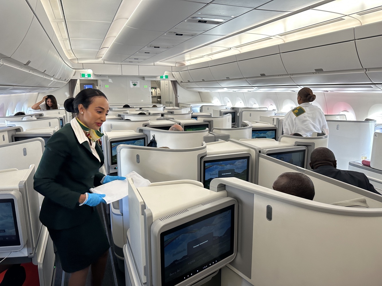 a woman in a uniform standing in an airplane