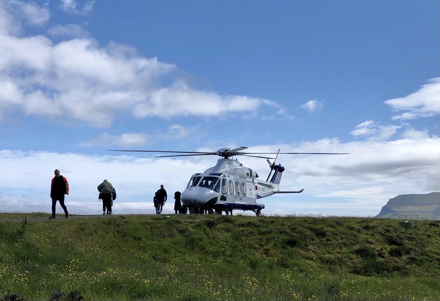 Atlantic Airways helicopter at the helipad at Tórshavn, the capital of the Faroe Islands.