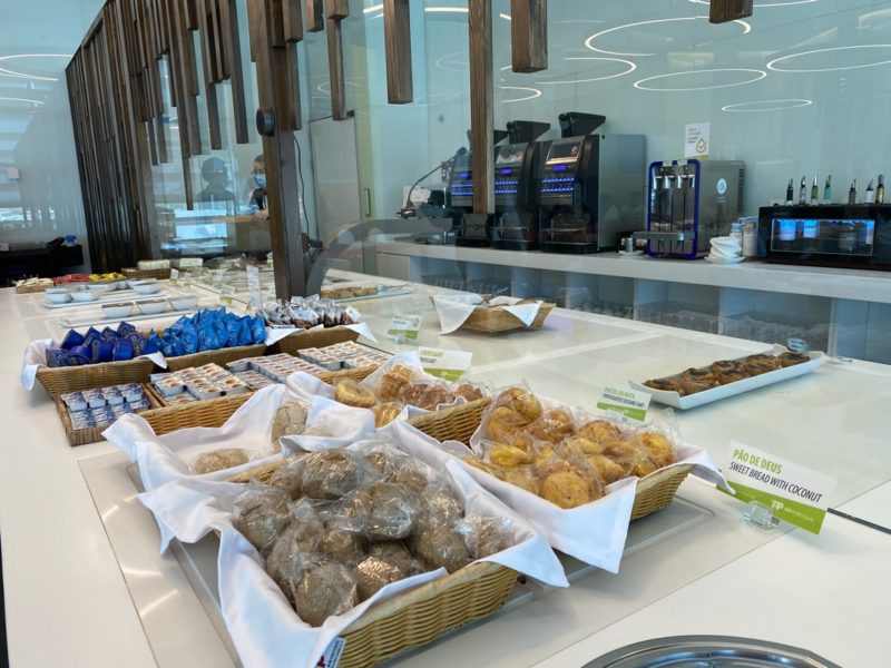 a counter with baskets of food